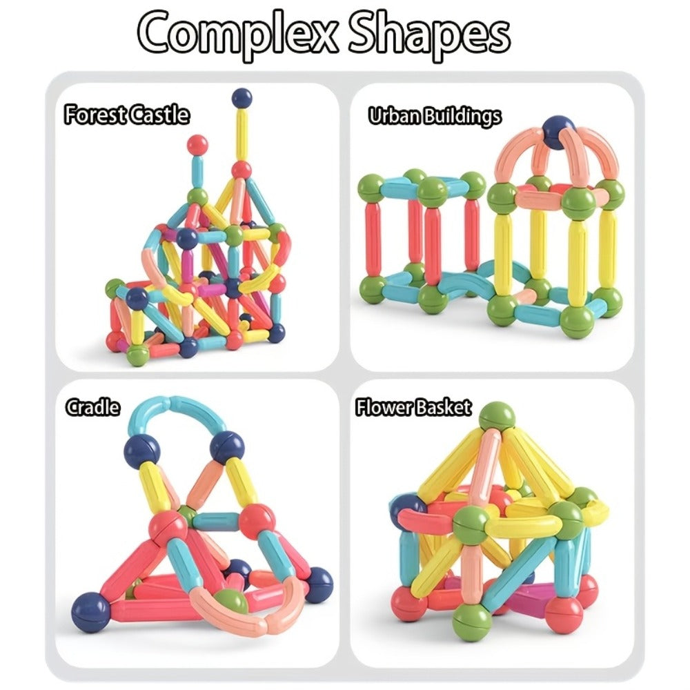 62-Piece Magnetic Stick and Ball Building Set with Multicolor Curved Rods and Round Connectors