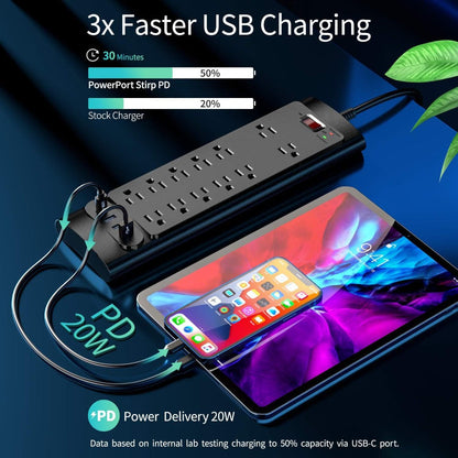 Spacious Outlet Gaming Power Strip 16-in-1 with Control Switch, 12 Wide-Spaced AC Outlets & 4 USB Ports (1 USB-C), Surge Protector, 5ft Extension Cord for TV Monitor Gaming Setup Home Office – Sleek Design