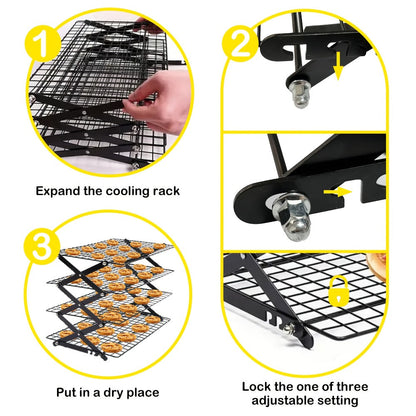 Foldable Cooling Rack Set – Stackable Oven Cookie Cake Drying Rack with Free Baking Tools (Silicone Spatula, Egg Beater, Tongs, Brush) | 3/4/5 Tier Options for Kitchen, Camping & Holiday Baking