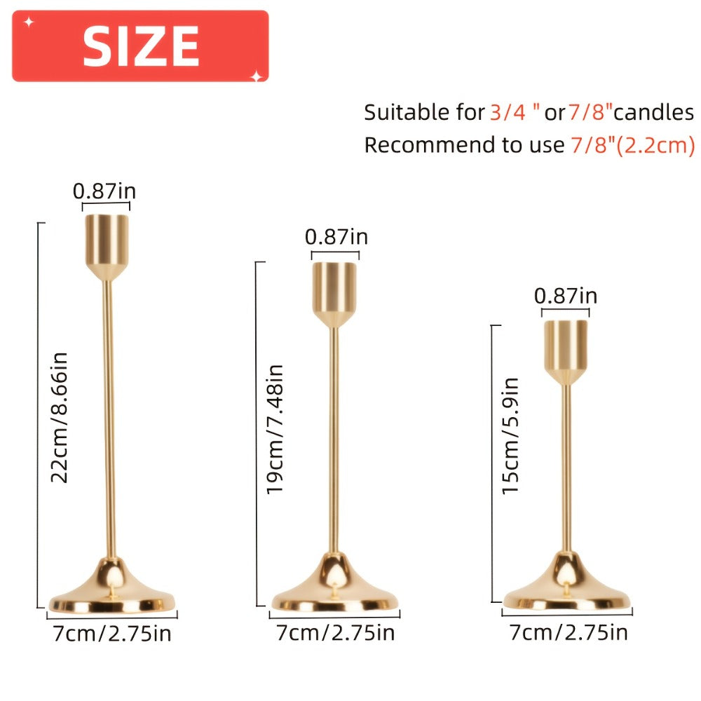 Candle Holder Set 12-Piece Metal Taper Stands in Three Heights with Gold, Silver or Black Finish Options