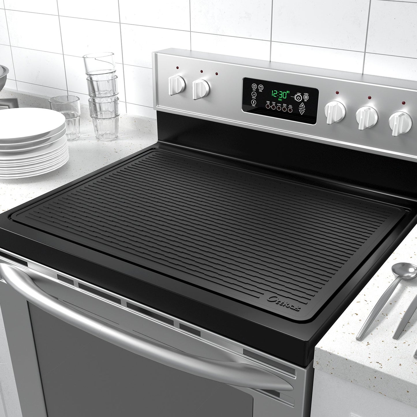 Kitchen Mat, 30x21-Inch Silicone Stove Cover and Counter Drying Pad in Gray or Black with Striped Surface