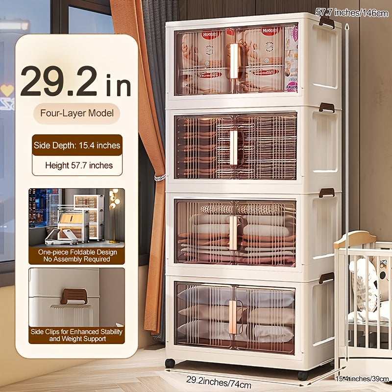 Storage Cabinet Folding Plastic Organizer with Magnetic Doors, Lockable Wheels and Three to Five Tiers