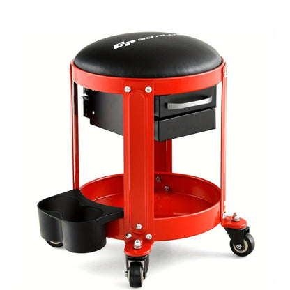 Rolling Workshop Stool with Drawers – 330 lb Mechanic Seat with 2 Storage Drawers, Cup Holders, Tool Tray, Removable Cushion & 4 Swivel Casters for Garage Auto Repair (Black/Red)