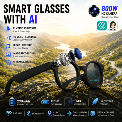 Bluetooth Smart Glasses with 8MP HD Camera – AI Real-Time Translation, Object Recognition, Touch Control, Bluetooth Call & Music, Wearable for Men & Women