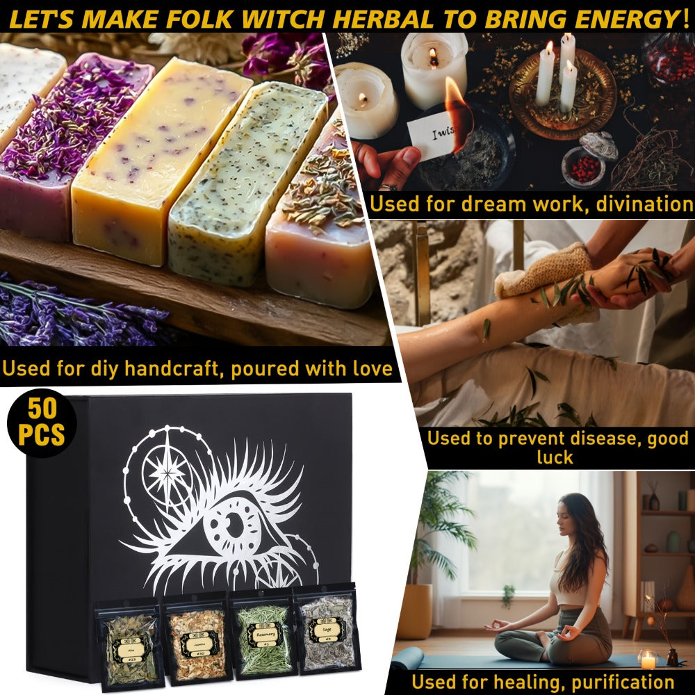 Dried Herbs for Witchcraft 50-Pack – Bulk Dried Flowers & Herb Kit for Wicca Beginners, Pagan Rituals, Magic Spells & Altar Supplies, Candle & Soap Making, Esoteric Witchcraft Gift Set