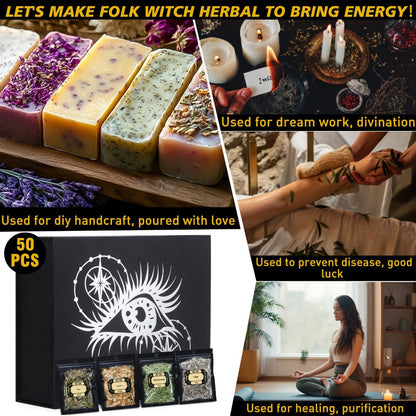 Dried Herbs for Witchcraft 50-Pack – Bulk Dried Flowers & Herb Kit for Wicca Beginners, Pagan Rituals, Magic Spells & Altar Supplies, Candle & Soap Making, Esoteric Witchcraft Gift Set