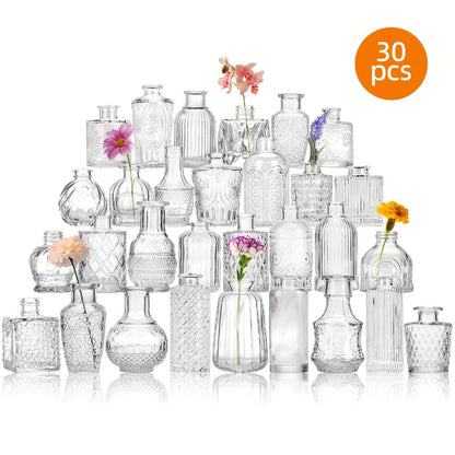 Party Decorations Clear Mini Bud Vase Set with 12, 30, 43 or 52 Mixed Shapes for Table Displays