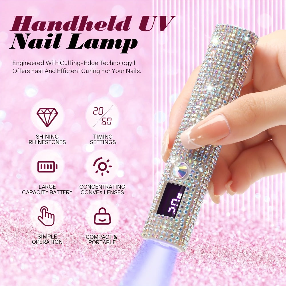 Portable LED Nail Lamp Rhinestone Design USB Rechargeable 365+405nm Quick Dry Gel Curer 20s 60s Timer LCD Display Wireless Nail Dryer for Hands Feet Home Travel Gift Women