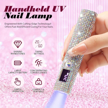 Portable LED Nail Lamp Rhinestone Design USB Rechargeable 365+405nm Quick Dry Gel Curer 20s 60s Timer LCD Display Wireless Nail Dryer for Hands Feet Home Travel Gift Women