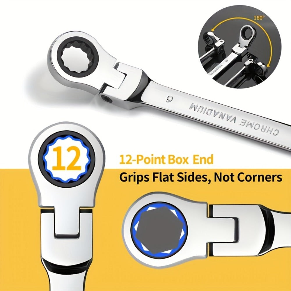 CR-V Flex Head Ratchet Wrench Set 5-Piece – 2-in-1 Reversible Open End & Hex Socket Dual-Purpose Kit | Automotive Engine Bay, Plumbing, DIY Workshop & Confined Space Repair