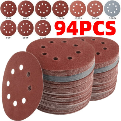 Ninety-Four-Piece 5-Inch Eight-Hole Hook-and-Loop Sanding Disc Set with Ten Assorted Grit Levels
