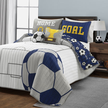 Soccer-Pattern Quilt Bedding Set in White or Navy with Twin and Full/Queen Checkout Size Options