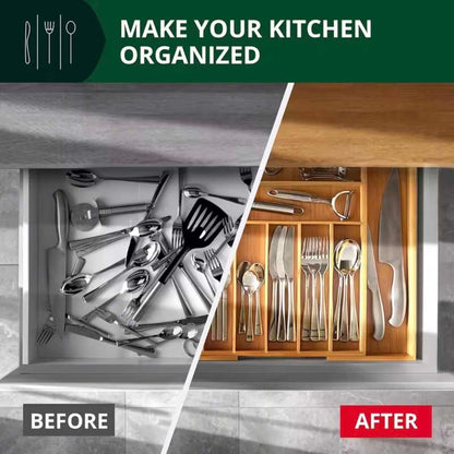 Expandable Bamboo Drawer Organizer with Nine Compartments for Flatware, Utensils and Desk Supplies