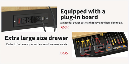 Garage Workbench Solid Wood Tool Desk with Drawers, Power Outlets & Swivel Casters, 48"/60"/70" Heavy-Duty Workshop Bench for Home Garage & Workshop