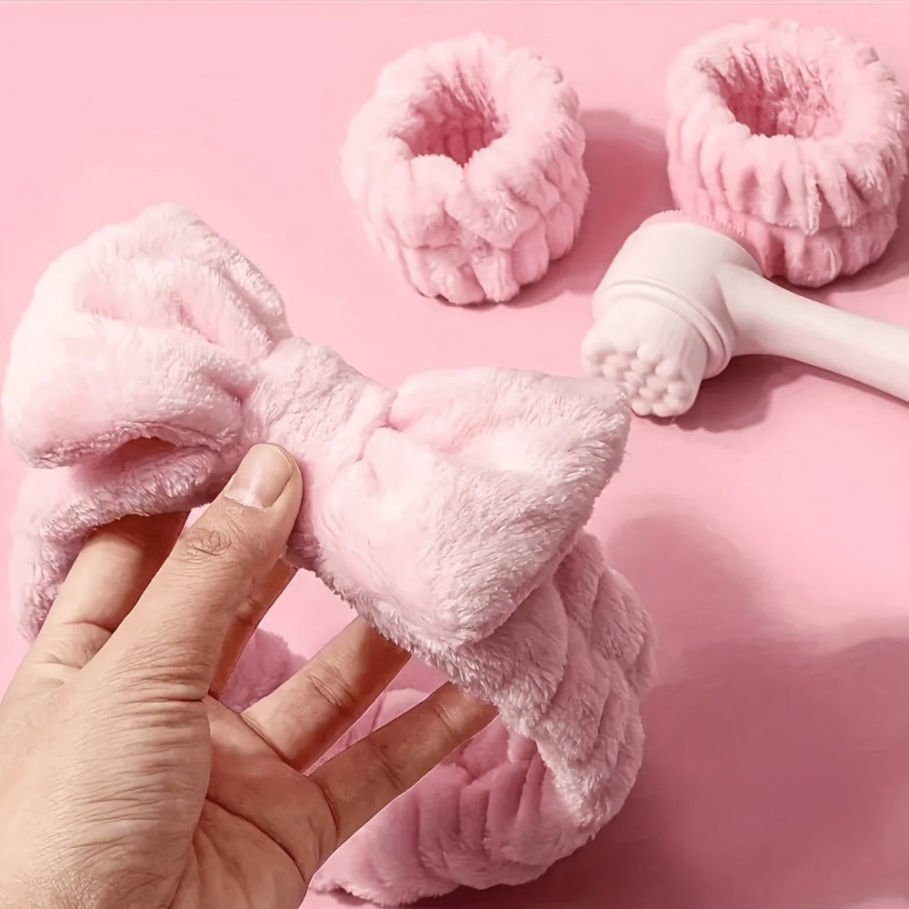 7-Piece Facial Cleansing Brush Set with Wash Bag, Bow Headband, Wristbands and Skincare Applicators