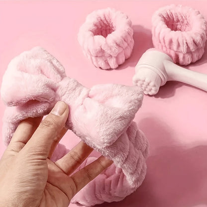 7-Piece Facial Cleansing Brush Set with Wash Bag, Bow Headband, Wristbands and Skincare Applicators