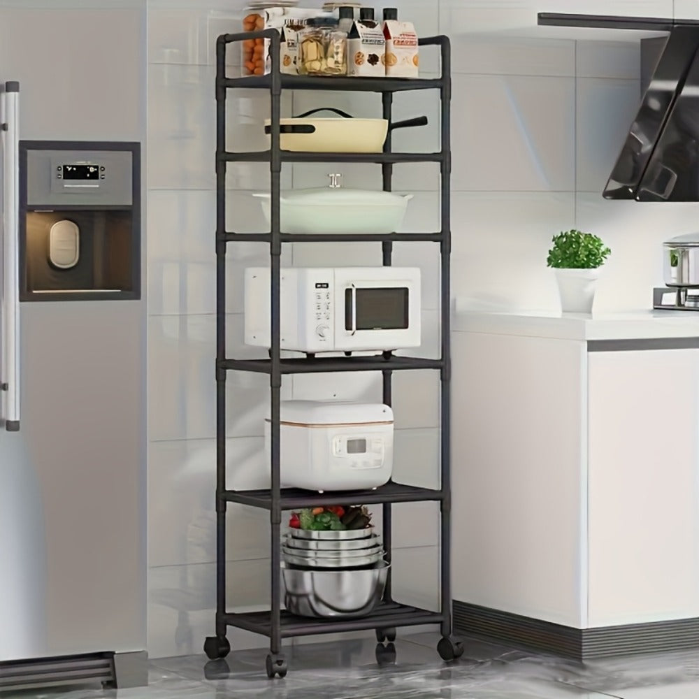 Six-Tier Narrow Metal Storage Shelf with Leveling Feet in Black or White for Kitchens and Pantries