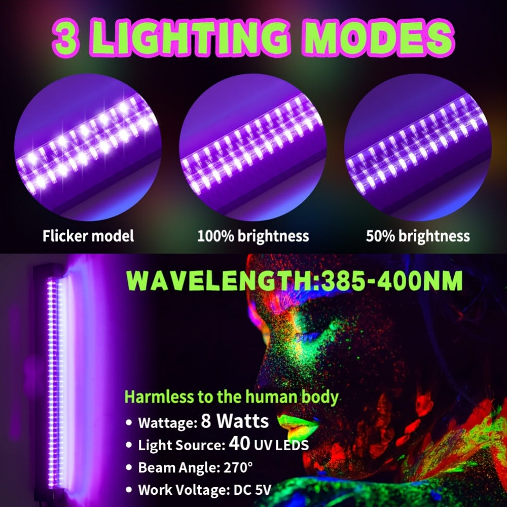 UV Black Light Bars & Strips 8-Piece Set – 385-400nm USB Powered 5V LED Blacklight for Glow Party, Halloween, Neon Party, Body Paint & Fluorescent Art (4x32cm + 4x250cm)