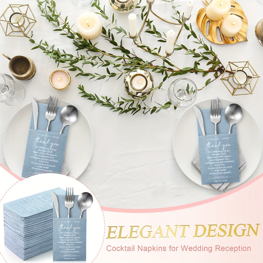 100-Piece Haze Blue Wedding Cocktail Napkin Set with Utensil Pockets for Receptions and Showers