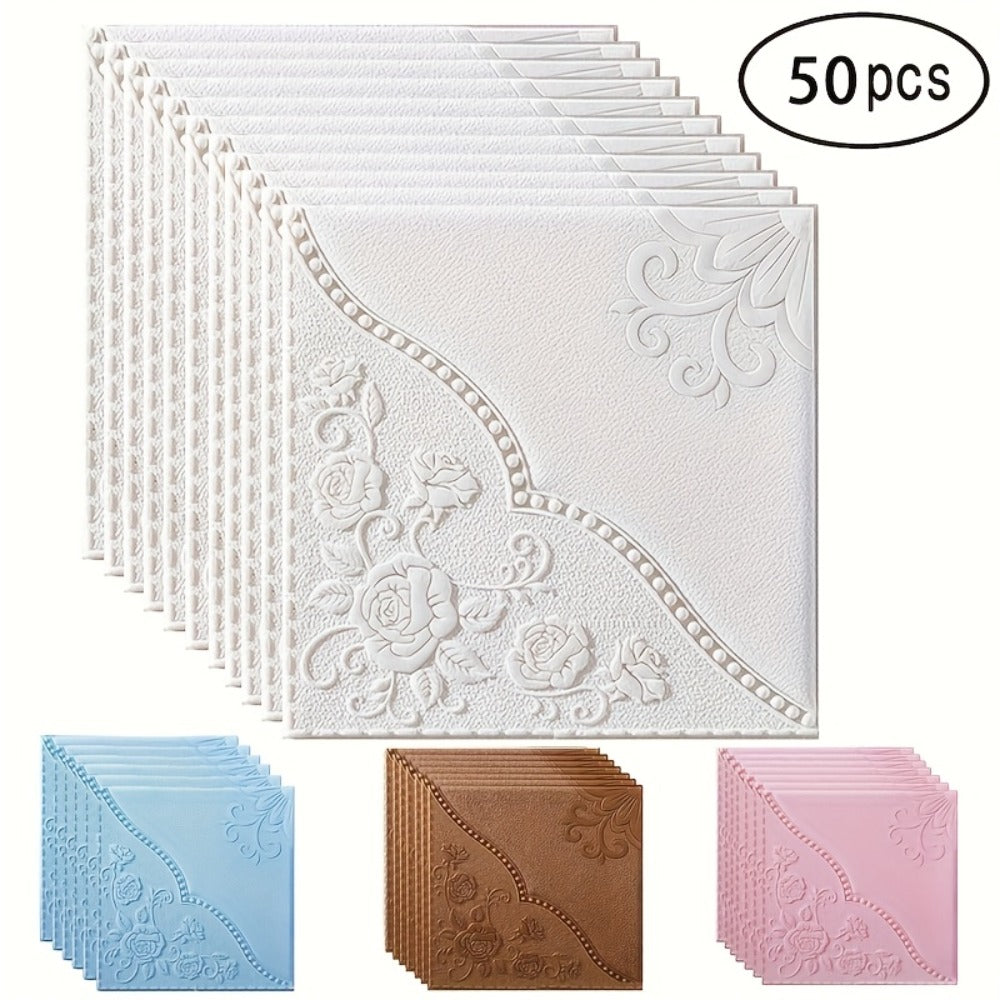 Fifty-Piece Embossed Floral-Curve Wall Tile Sticker Set with 35 cm Square Panels in Four Colors