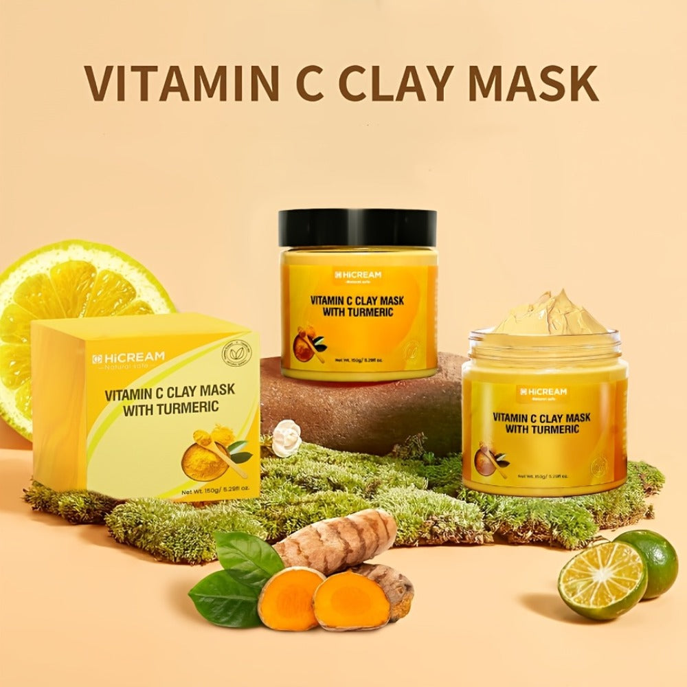Face Mask, HICREAM Turmeric Vitamin C Kaolin Clay Formula in Jar Packaging for Rinse-Off Facial Use