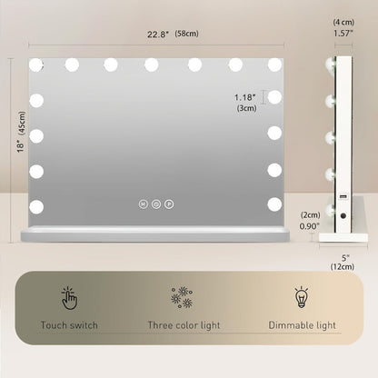 Hollywood Vanity Mirror with Lights – 15 LED Bulbs, 3 Color Modes, Dimmable Brightness, 23x18 Inch, USB & Type-C Charging, Touch Control, Desk & Wall Mount, Metal Frame Makeup Mirror