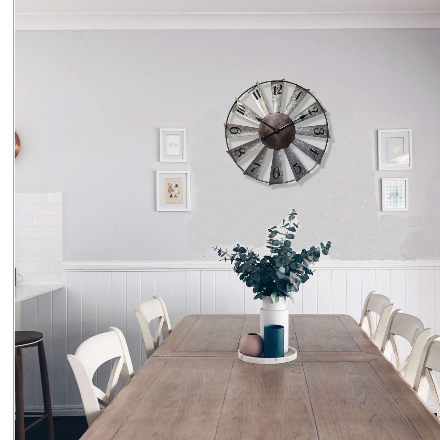 24 Inch Farmhouse Wall Clock Large Vintage Metal Windmill Blade Galvanized Analog Clock Battery Operated Silent for Living Room Kitchen Bedroom Porch
