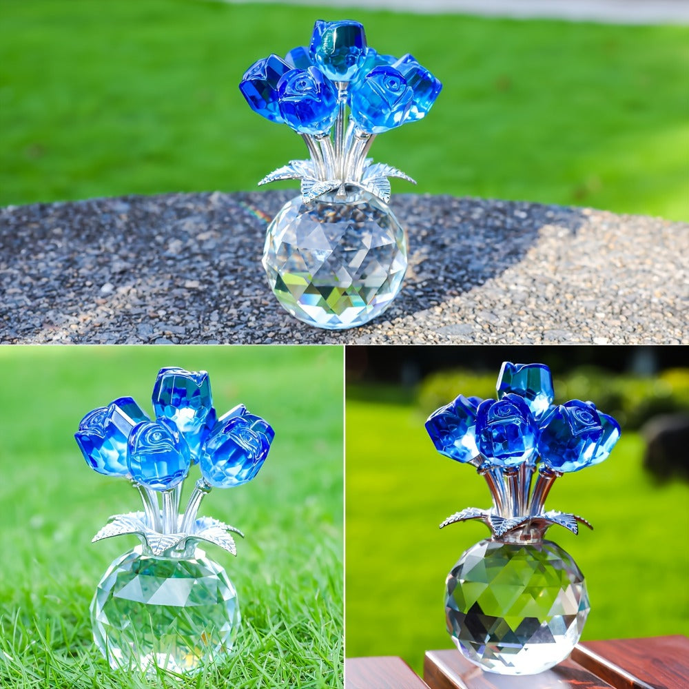 Artificial Flowers Crystal-Look Mini Rose Arrangement with Faceted Display Base in Four Color Options