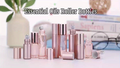 28-Pack 10 ml Clear Pink Glass Roller Bottles with Stainless Steel Balls, Opener and Funnel