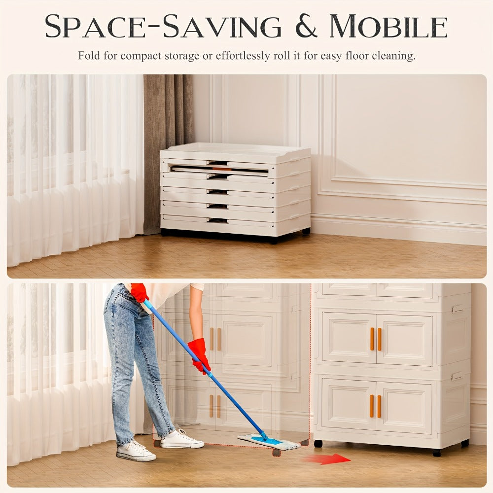 Portable Folding Wardrobe Cabinet with Caster Wheels, Hanging Section and Two Exact Layer Options