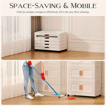 Portable Folding Wardrobe Cabinet with Caster Wheels, Hanging Section and Two Exact Layer Options