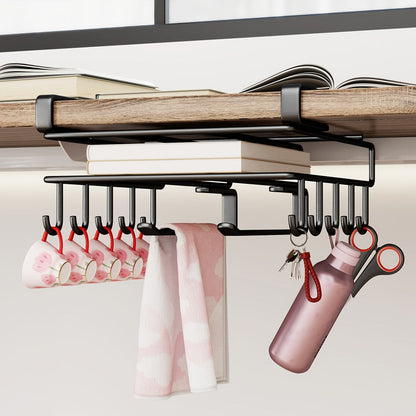 Under Cabinet Organizer Rack with Hooks – Heavy Duty Carbon Steel Kitchen Shelf for Utensils, Towels, Cups & Cutting Boards – No-Drill Door-Mount Space-Saving Kitchen Storage