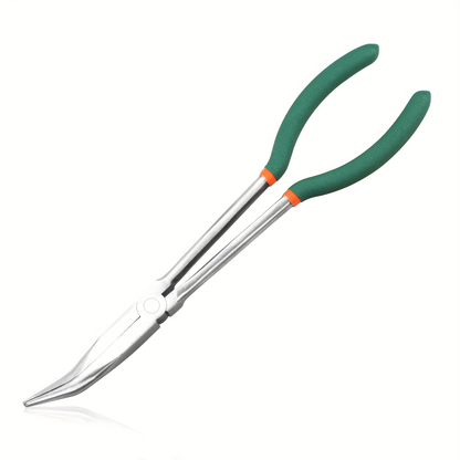 Eleven-Inch Long-Nose Fishing Pliers with 45-Degree Bent Tips, Green Grips and Narrow Hook-Access Profile