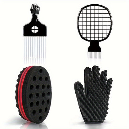 Hair Accessories Four-Piece Curling Sponge Kit with Styling Glove, Metal Pick and Twist Comb