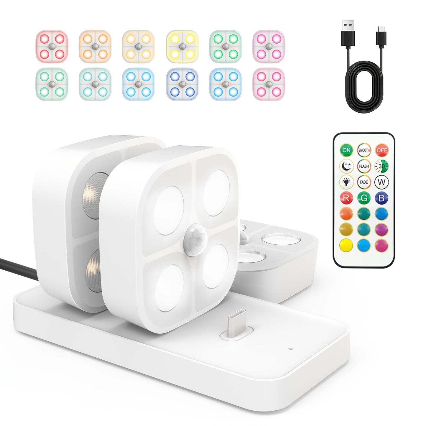 Puck Lights Rechargeable RGB with Charging Station - Motion Sensor Under Cabinet Lighting, Wireless LED Closet Lights with Remote Control, Color Changing Night Light for Hallway Stairway Bathroom Bedroom Kitchen, 3/4/6 Pack