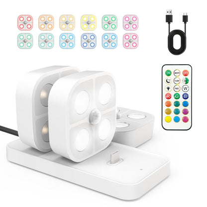 Puck Lights Rechargeable RGB with Charging Station - Motion Sensor Under Cabinet Lighting, Wireless LED Closet Lights with Remote Control, Color Changing Night Light for Hallway Stairway Bathroom Bedroom Kitchen, 3/4/6 Pack