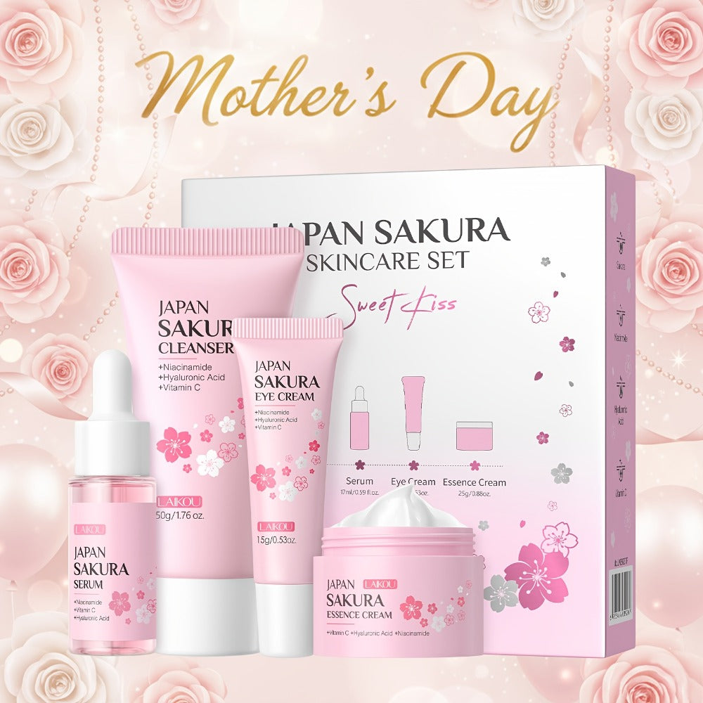 4-Piece Sakura Skincare Gift Set with Cleanser, Serum, Essence Cream and Eye Cream in Coordinated Pink Packaging