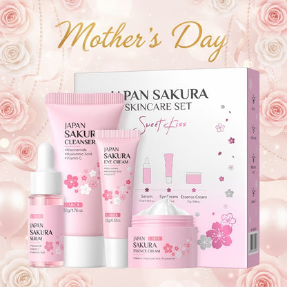 4-Piece Sakura Skincare Gift Set with Cleanser, Serum, Essence Cream and Eye Cream in Coordinated Pink Packaging