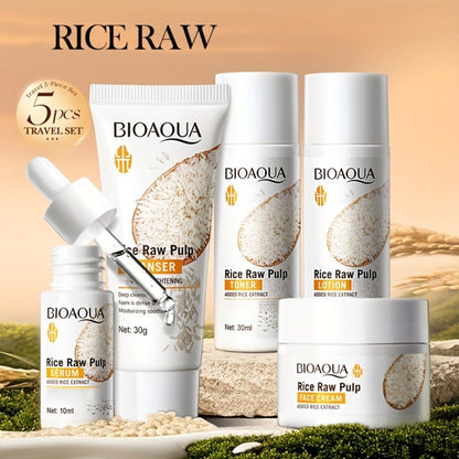 Skincare Set with BIOAQUA Label, 5 Mini Rice Raw Pulp Products with Cleanser Toner Essence Lotion and Cream