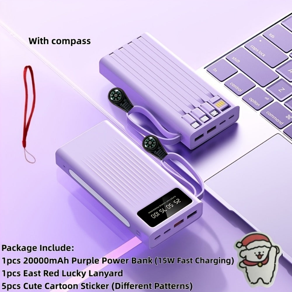 Power Bank 10000-30000mAh with 15W Charging, Four-in-One Cable and Four-Mode Camping Light