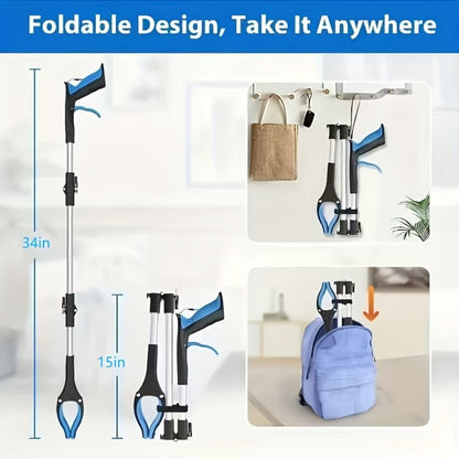 Foldable Reacher Grabber Tool with Magnetic Tip, 34-Inch Extended Reach and Blue Trigger Handle