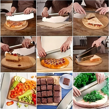 Half-Moon Rocker Kitchen Knife with Cylindrical Top Handle and Black Perforated Blade Cover