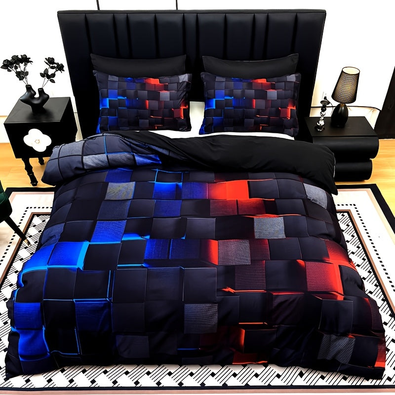 Three-Piece Plaid Duvet Cover Set with Two Pillowcases in Five Colors and Four Bed Sizes for Home and Everyday Use
