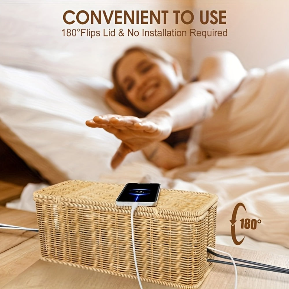Woven Rattan-Look Cable Management Box with Hinged Lid and Pictured 34.1 cm Exterior Length