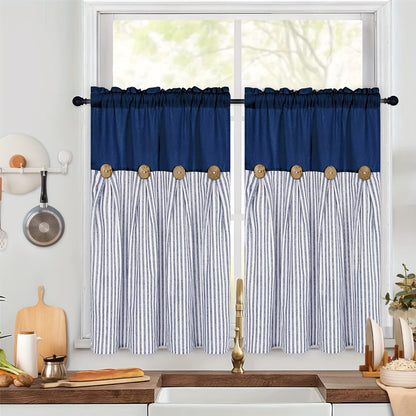 Striped Patchwork Window Curtain Set with Rod-Pocket Top, Six Colors and Five Panel-Count or Size Options