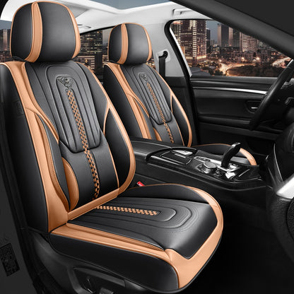 PU Leather Car Seat Cover Full Enclosure with Lumbar Support & Sponge Cushion – Two-Tone Sporty Design Universal Fit for Car Sedan Truck SUV (White-Black / Gray / Red-Black / Orange-Black)