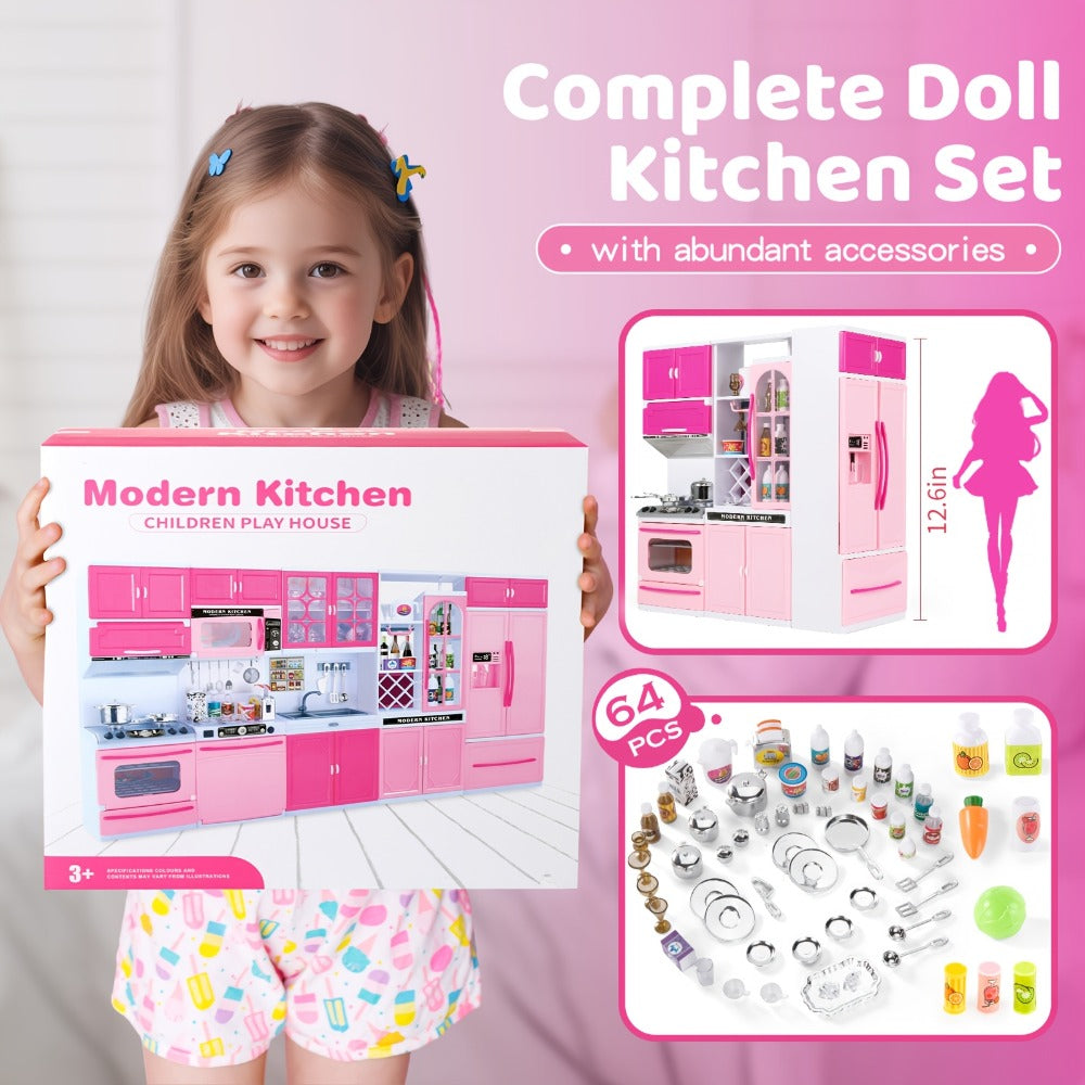 64-Piece Pink Pretend Kitchen Play Set with Light and Sound Features in a 58 x 42.5cm Mini Format