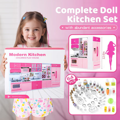 64-Piece Pink Pretend Kitchen Play Set with Light and Sound Features in a 58 x 42.5cm Mini Format