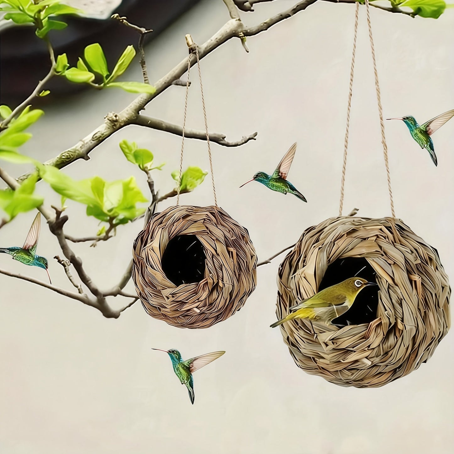 Two-Piece Woven Hanging Bird Nest Set with Round Openings and Optional Pair of Decorative Bird Figures