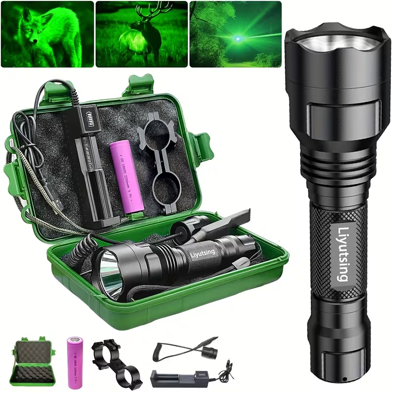 Night Hunting Flashlight with Remote Control Switch – 350 Yards High Power Green Red White Light, 18650 Rechargeable, Multiple Mounts for Hunting, Fishing, Camping & Beekeeping, Best Gift for Men